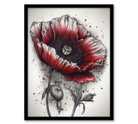 Artery8 Wall Art Print Remembrance Day Poppy Flower Detailed Coloured Pencil Drawing Red Grey WWI Memorial Symbol Nature Colourful Bright Floral Artery8 Red W12" x H16"