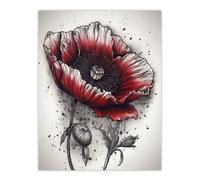 Artery8 Wall Art Print Remembrance Day Poppy Flower Detailed Coloured Pencil Drawing Red Grey WWI Memorial Symbol Nature Colourful Bright Floral Artery8 Red W12" x H16"