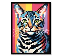 Artery8 Wall Art Print Retro Cat Striped Bold Vibrant Screen Risograph Artwork Spot Block Colour Duotone Bengal Riso Interior Design Art Framed Artery8 Black W12" x H16"