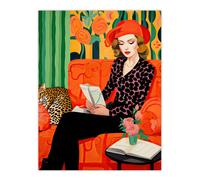 Wall Art Print Retro Chic Oil Painting Orange Green Lounge Portrait Woman and Leopard on Couch Poster Artery8 Orange W24 inch x H32 inch