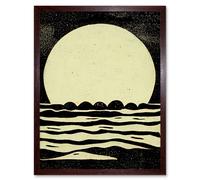 Artery8 Wall Art Print Retro Moonrise Over Sea Black & White Linocut Art Framed in Brown | Size: W12" x H16" Artery8 Brown W12" x H16"