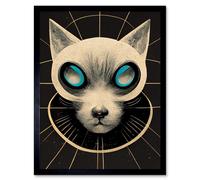 Artery8 Wall Art Print Retro Space Cyber Cat Head Poster Art Framed in Black | Size: W12" x H16" Artery8 Black W12" x H16"