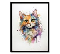 Artery8 Wall Art Print Reverse Calico Cat Lovers Gift Watercolour Pet Portrait Painting Artwork Art Framed | Size: W12" x H16" Artery8 Multicolor W12" x H16"