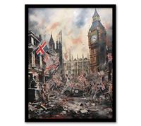 Artery8 Wall Art Print Riot At Westminster Anarchy In The UK Big Ben Chaos Dystopian Art Framed in Black | Size: W12" x H16" Artery8 Black W12" x H16"