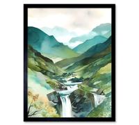 Artery8 Wall Art Print River Cascades Waterfall in Misty Landscape Modern Watercolour Painting Art Framed in Black | Size: W12" x H16" Artery8 Black W12" x H16"