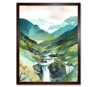 Artery8 Wall Art Print River Cascades Waterfall in Misty Landscape Modern Watercolour Painting Art Framed in Brown | Size: W12" x H16" Artery8 Brown W12" x H16"