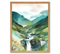 Artery8 Wall Art Print River Cascades Waterfall in Misty Landscape Modern Watercolour Painting Art Framed in Light Oak | Size: W12" x H16" Artery8 Light Oak W12" x H16"