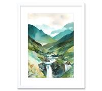 Artery8 Wall Art Print River Cascades Waterfall in Misty Landscape Modern Watercolour Painting Artwork Framed 9X7 Inch in White | Size: W7" x H9" Artery8 White W7" x H9"