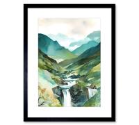 Artery8 Wall Art Print River Cascades Waterfall in Misty Landscape Modern Watercolour Painting Artwork Framed 9X7 Inch in Black | Size: W7" x H9" Artery8 Black W7" x H9"