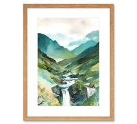 Artery8 Wall Art Print River Cascades Waterfall in Misty Landscape Modern Watercolour Painting Artwork Framed 9X7 Inch in Beige | Size: W7" x H9" Artery8 Beige W7" x H9"