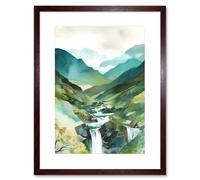 Artery8 Wall Art Print River Cascades Waterfall in Misty Landscape Modern Watercolour Painting Artwork Framed 9X7 Inch in Brown | Size: W7" x H9" Artery8 Brown W7" x H9"