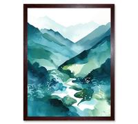 Artery8 Wall Art Print River Trail in the Scottish Highlands Modern Landscape Watercolour Painting Art Framed in Brown | Size: W12" x H16" Artery8 Brown W12" x H16"