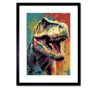 Artery8 Wall Art Print Roaring T-Rex Multicoloured Dinosaur Portrait Artwork Framed 9X7 Inch in Black | Size: W7" x H9" Artery8 Black W7" x H9"