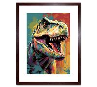 Artery8 Wall Art Print Roaring T-Rex Multicoloured Dinosaur Portrait Artwork Framed 9X7 Inch in Brown | Size: W7" x H9" Artery8 Brown W7" x H9"