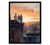 Artery8 Wall Art Print Rooftop Romance Watercolour Painting Blue Orange Couple Watching City Sunset Bedroom Art Framed | Size: W12" x H16" Artery8 Orange W12" x H16"