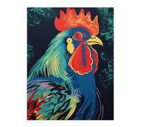 Artery8 Wall Art Print Rooster Hen Cock Chicken Artwork In Blue Red Vibrant Bold Bright Colourful Painting Poster | Size: W12" x H16" Artery8 Multicolor W12" x H16"