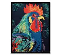 Artery8 Wall Art Print Rooster Hen Cock Chicken Artwork In Blue Red Vibrant Bold Bright Colourful Painting Art Framed | Size: A4 Artery8 Multicolor A4