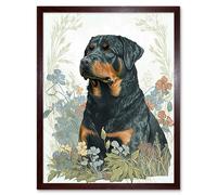 Artery8 Wall Art Print Rottweiler Dog Sitting in Flower Field Modern Watercolour Art Framed in Brown | Size: W12" x H16" Artery8 Brown W12" x H16"