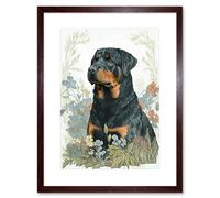 Artery8 Wall Art Print Rottweiler Dog Sitting in Flower Field Modern Watercolour Artwork Framed 9X7 Inch in Brown | Size: W7" x H9" Artery8 Brown W7" x H9"