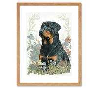 Artery8 Wall Art Print Rottweiler Dog Sitting in Flower Field Modern Watercolour Artwork Framed 9X7 Inch in Beige | Size: W7" x H9" Artery8 Beige W7" x H9"