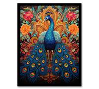 Artery8 Wall Art Print Royal Peacock Oil Painting Blue Orange Pink Exotic Bird Symmetrical Floral Portrait Artwork Framed | Size: W12" x H16" Artery8 Multicolor W12" x H16"