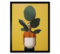 Artery8 Wall Art Print Rubber Tree Showcase Realistic Oil Painting Yellow Orange Green Woman with Plant Pot Minimalist Artwork Art Framed Artery8 Black W12" x H16"