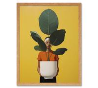 Artery8 Wall Art Print Rubber Tree Showcase Realistic Oil Painting Yellow Orange Green Woman with Plant Pot Minimalist Artwork Art Framed Artery8 Light Oak W12" x H16"