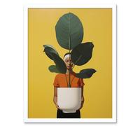 Artery8 Wall Art Print Rubber Tree Showcase Realistic Oil Painting Yellow Orange Green Woman with Plant Pot Minimalist Artwork Art Framed Artery8 White W12" x H16"