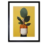 Artery8 Wall Art Print Rubber Tree Showcase Realistic Oil Painting Yellow Orange Green Woman with Plant Pot Minimalist Artwork Framed 9X7 Inch Artery8 Black W7" x H9"