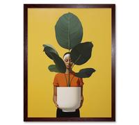 Artery8 Wall Art Print Rubber Tree Showcase Realistic Oil Painting Yellow Orange Green Woman with Plant Pot Minimalist Artwork Art Framed Artery8 Brown W12" x H16"