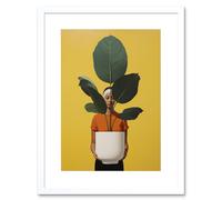 Artery8 Wall Art Print Rubber Tree Showcase Realistic Oil Painting Yellow Orange Green Woman with Plant Pot Minimalist Artwork Framed 9X7 Inch Artery8 White W7" x H9"