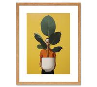 Artery8 Wall Art Print Rubber Tree Showcase Realistic Oil Painting Yellow Orange Green Woman with Plant Pot Minimalist Artwork Framed 9X7 Inch Artery8 Beige W7" x H9"