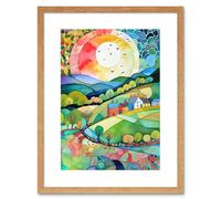 Artery8 Wall Art Print Rural Landscape English Countryside Sunrise Folk Art Watercolour Painting Artwork Framed 9X7 Inch in Beige | Size: W7" x H9" Artery8 Beige W7" x H9"