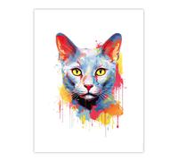 Wall Art Print Russian Blue Cat Lover Gift Pet Portrait Orange Blue Yellow Artwork Painting Poster Artery8 Multi W24 inch x H32 inch