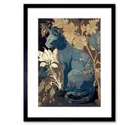 Artery8 Wall Art Print Russian Blue Cat With Autumn Plants And Floral Pattern Fur Coat Modern Silkscreen Artwork Framed 9X7 Inch