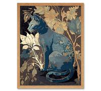 Artery8 Wall Art Print Russian Blue Cat with Autumn Plants & Floral Pattern Fur Coat Modern Silkscreen Art Framed in Light Oak | Size: W12" x H16" Artery8 Light Oak W12" x H16"
