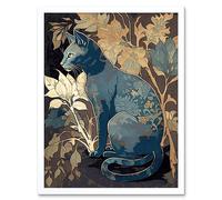 Artery8 Wall Art Print Russian Blue Cat with Autumn Plants & Floral Pattern Fur Coat Modern Silkscreen Art Framed in White | Size: W12" x H16" Artery8 White W12" x H16"
