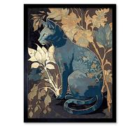 Artery8 Wall Art Print Russian Blue Cat with Autumn Plants & Floral Pattern Fur Coat Modern Silkscreen Art Framed in Black | Size: W12" x H16" Artery8 Black W12" x H16"