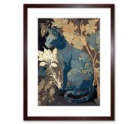 Artery8 Wall Art Print Russian Blue Cat with Autumn Plants & Floral Pattern Fur Coat Modern Silkscreen Artwork Framed 9X7 Inch | Size: W7" x H9" Artery8 Brown W7" x H9"