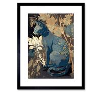 Artery8 Wall Art Print Russian Blue Cat with Autumn Plants & Floral Pattern Fur Coat Modern Silkscreen Artwork Framed 9X7 Inch | Size: W7" x H9" Artery8 Black W7" x H9"