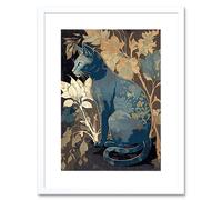 Artery8 Wall Art Print Russian Blue Cat with Autumn Plants & Floral Pattern Fur Coat Modern Silkscreen Artwork Framed 9X7 Inch | Size: W7" x H9" Artery8 White W7" x H9"