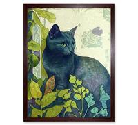 Artery8 Wall Art Print Russian Blue Cat with Bright Ornate Plants Modern Art Nouveau Art Framed in Brown | Size: W12" x H16" Artery8 Brown W12" x H16"