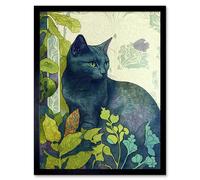 Artery8 Wall Art Print Russian Blue Cat with Bright Ornate Plants Modern Art Nouveau Art Framed in Black | Size: W12" x H16" Artery8 Black W12" x H16"