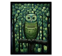 Artery8 Framed Wall Art Sage Green Owl Perched In Geometric Forest Night Dusk - 12X16 Inch