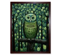 Artery8 Wall Art Print Sage Green Owl Perched in Geometric Forest Night Dusk Art Framed in Brown | Size: W12" x H16" Artery8 Brown W12" x H16"