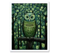Artery8 Wall Art Print Sage Green Owl Perched in Geometric Forest Night Dusk Art Framed in White | Size: W12" x H16" Artery8 White W12" x H16"