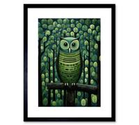 Artery8 Wall Art Print Sage Green Owl Perched In Geometric Forest Night Dusk Artwork Framed 9X7 Inch