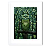 Artery8 Wall Art Print Sage Green Owl Perched in Geometric Forest Night Dusk Artwork Framed 9X7 Inch in White | Size: W7" x H9" Artery8 White W7" x H9"