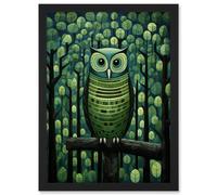 Artery8 Sage Green Owl Illustration Perched in Geometric Forest Night Dusk Artwork Framed Wall Art Print A4