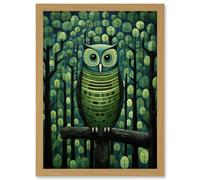 Wall Art Print Sage Green Owl Perched in Geometric Forest Night Dusk Artwork Framed A4 Artery8 Light Oak A4
